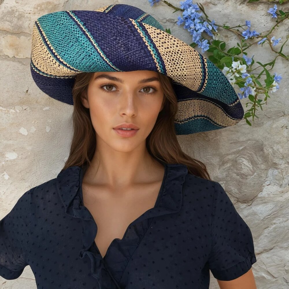 Women's Raffia Sun Hat, Large Brim, Summer Lightweight Natural Grass Hat, Blue